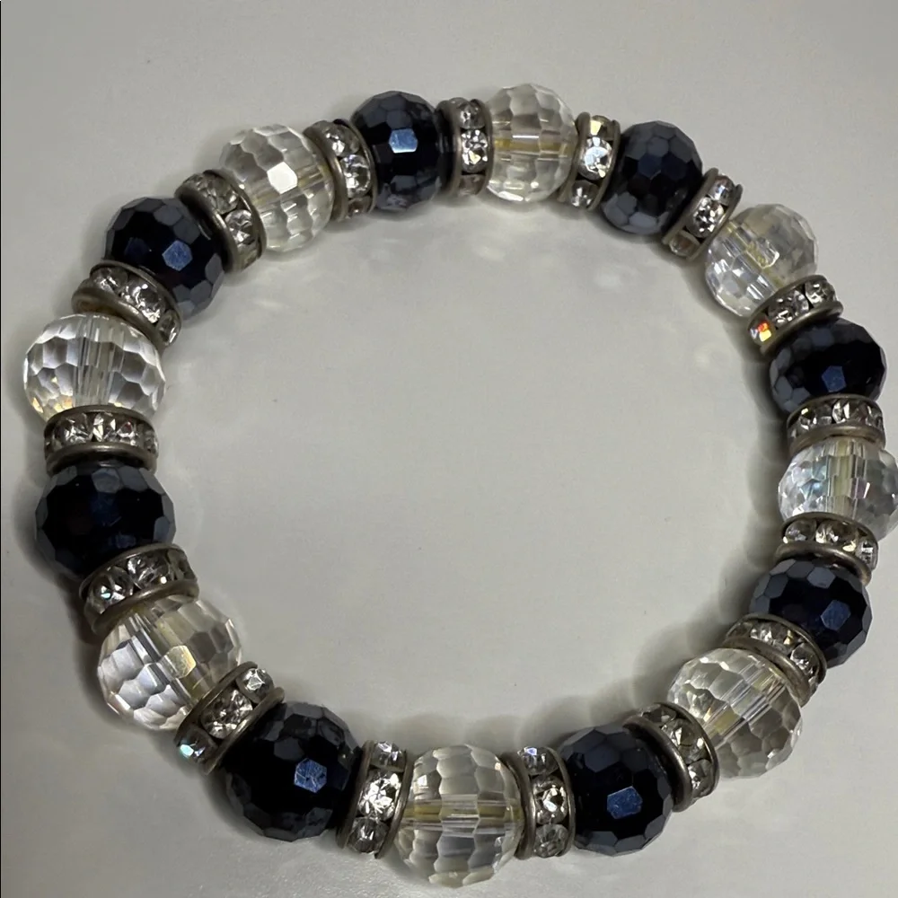 Reserved faceted glass disco ball navy clear Silver Beaded stretch